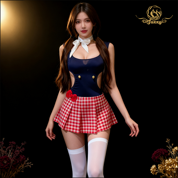 "Adorable Kitty" บอดี้สูทสไตล์คิตตี้ เปิดหลัง พร้อมกระโปรงพลีทลายสก็อต นุ่มน่ารัก