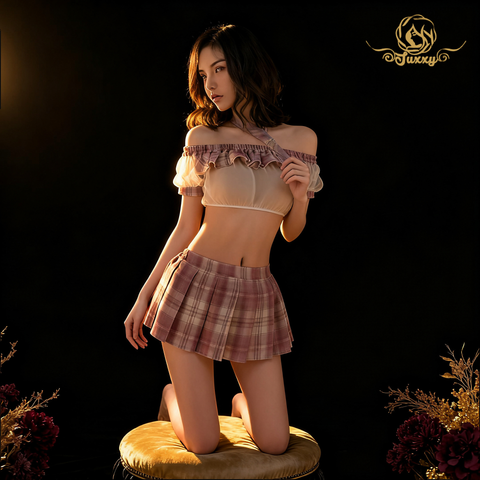 The top features a mesh sheer design with lace trim, paired with a plaid pleated skirt