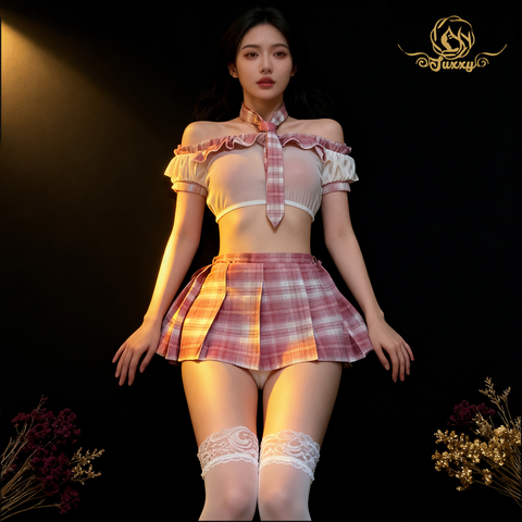 The top features a mesh sheer design with lace trim, paired with a plaid pleated skirt