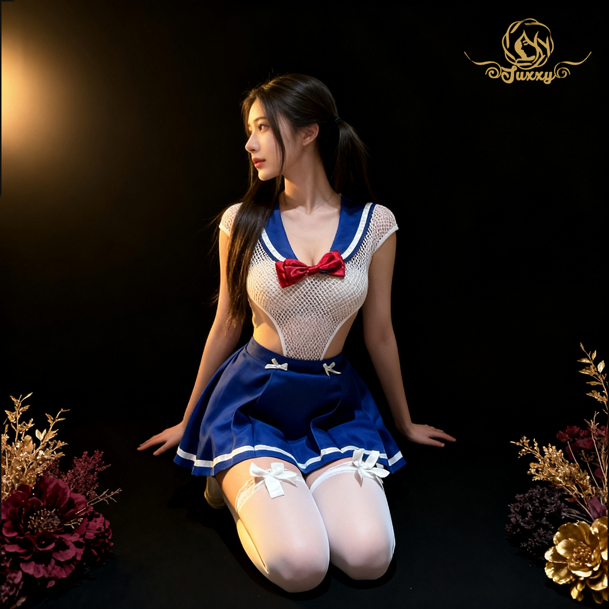 กระโปรงจีบธรรมดาจับคู่กับเสื้อโปร่งใสตกแต่งด้วยโบว์ สไตล์ยูนิฟอร์ม