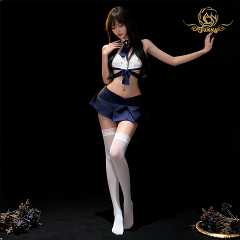 "Sleepless Tonight" 💙 Senior Girl Anime Uniform Lace Top and Mini Pleated Skirt - A Date Outfi