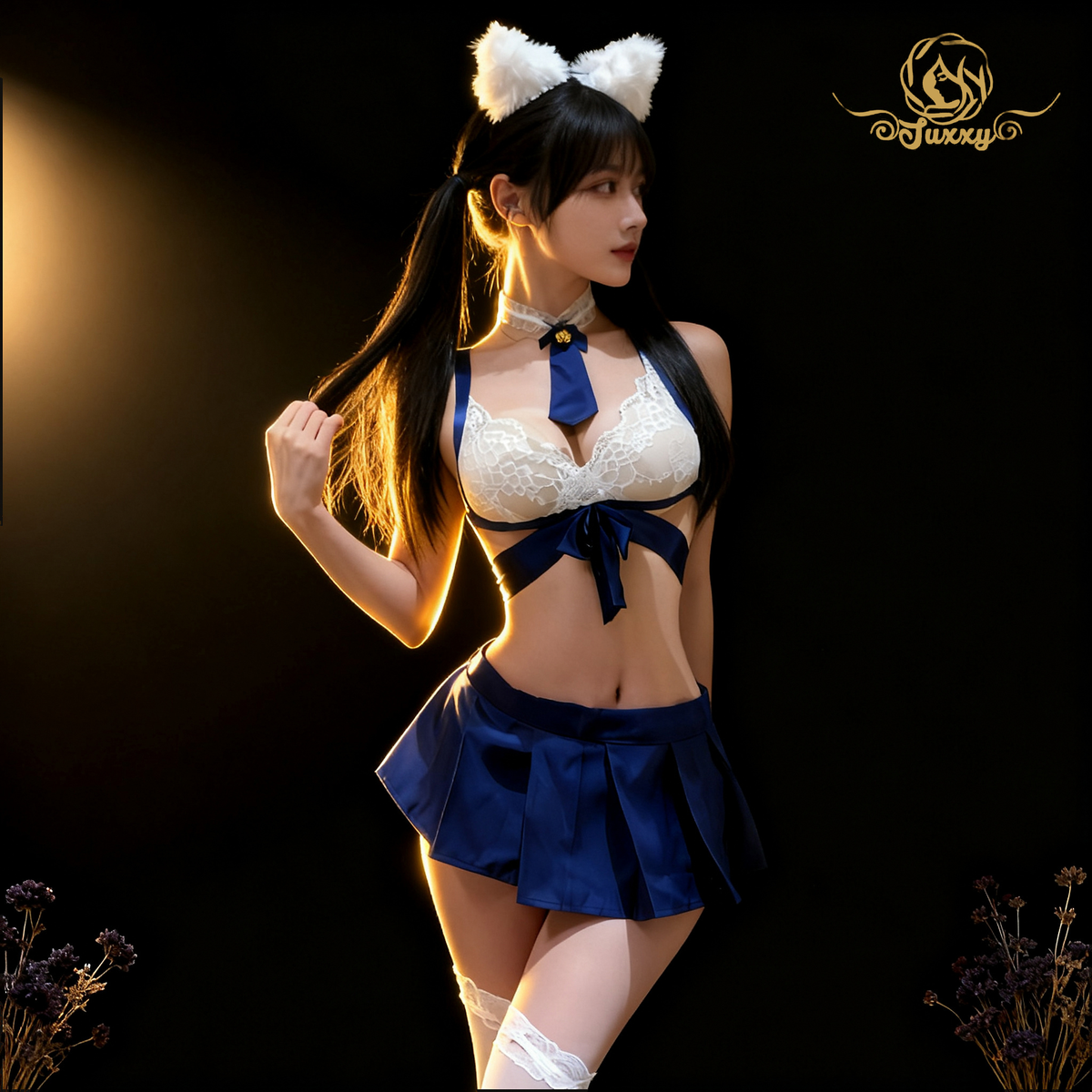 "Sleepless Tonight" 💙 Senior Girl Anime Uniform Lace Top and Mini Pleated Skirt - A Date Outfi
