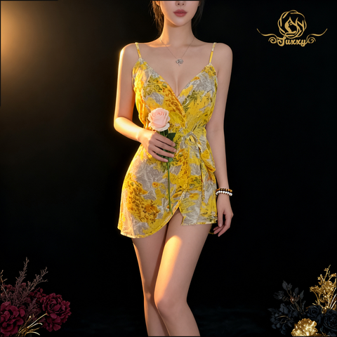 "Still Charming" deep V-neck floral print retro-style dress
