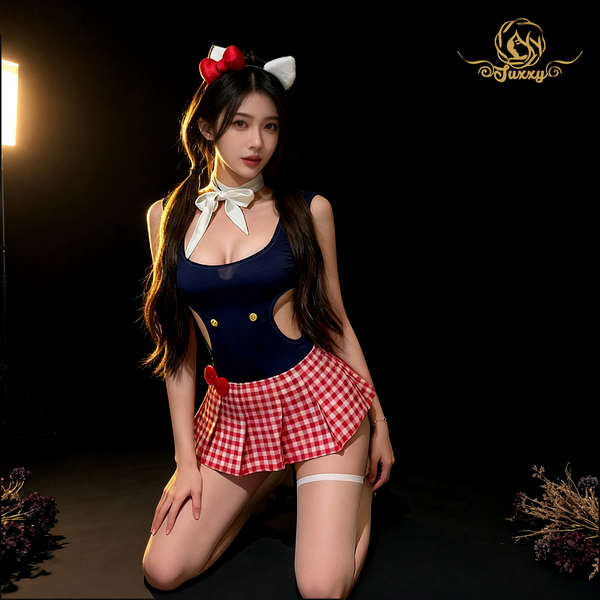 "Adorable Kitty" บอดี้สูทสไตล์คิตตี้ เปิดหลัง พร้อมกระโปรงพลีทลายสก็อต นุ่มน่ารัก