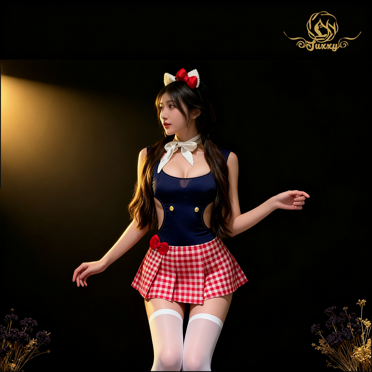 "Adorable Kitty" soft and cute Kitty-style backless patchwork bodysuit plaid pleated skirt