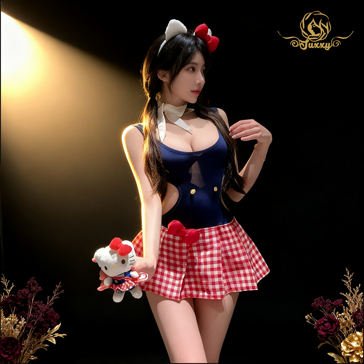 "Adorable Kitty" soft and cute Kitty-style backless patchwork bodysuit plaid pleated skirt