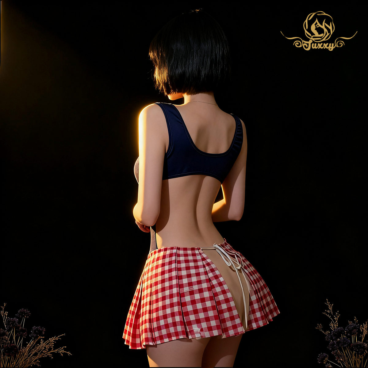 "Adorable Kitty" soft and cute Kitty-style backless patchwork bodysuit plaid pleated skirt