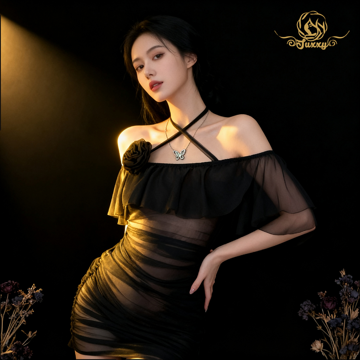สาว ไหล่ข้างหนึ่ง ทรงเข้ารูป ผ้ากอซนุ่ม กระโปรง บ้าน ชุดนอน🌺