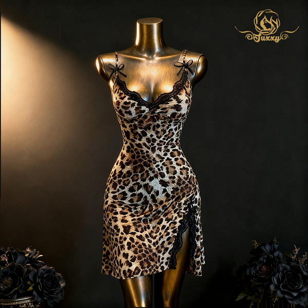 🐆เดรสลูกไม้ลายเสือดาวกรีดสูง สไตล์ป่าเถื่อนโรแมนติก
