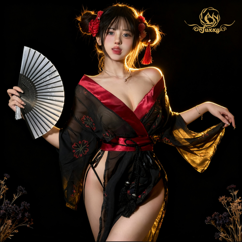 สาวใช้สไตล์ย้อนยุค🤩ชุดฮั่นฝูสีเข้มผ้าโปร่ง - ชุดยูนิฟอร์มเย้ายวน🖤