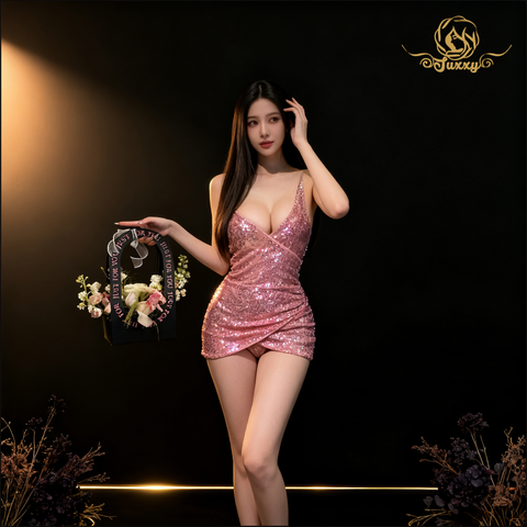 "Sparkling" Nightclub/party style sequined design, deep V-neck bodycon dress