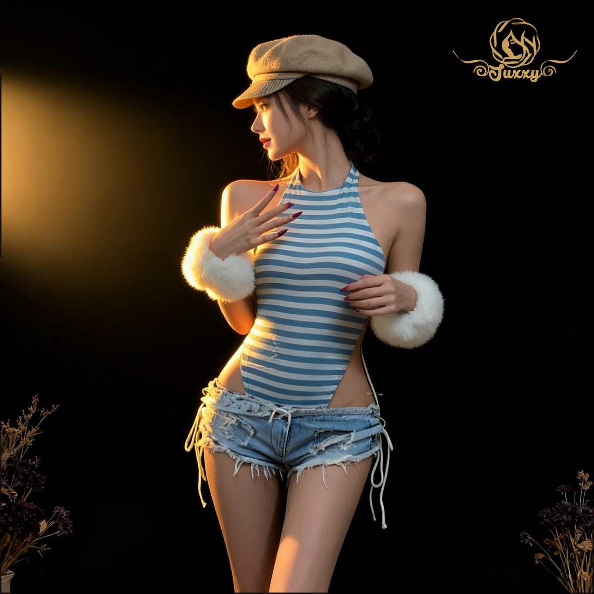 striped lingerie, high-slit design, fitted swimsuit style. ♀